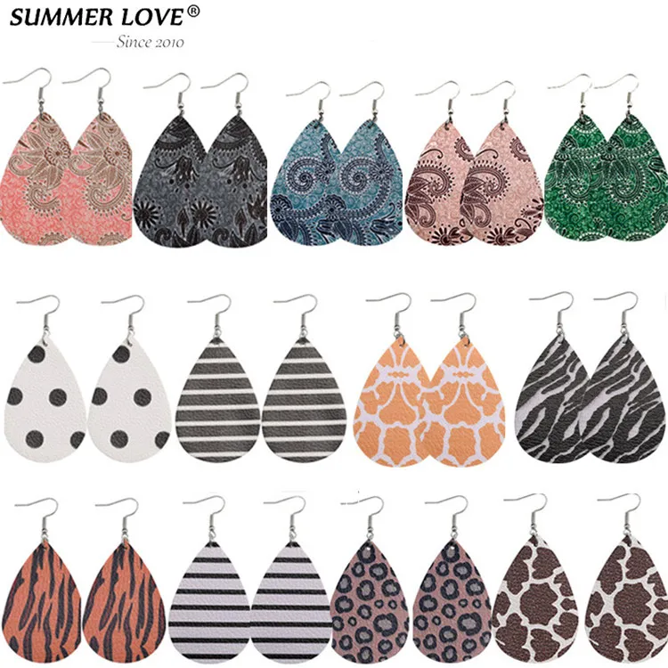 

Wholesale New Coming Boho Beach Teardrop Hook Drop Dangle Printing Leather Earrings for Women Girls Jewelry Bijoux Femme Gifts, As picture