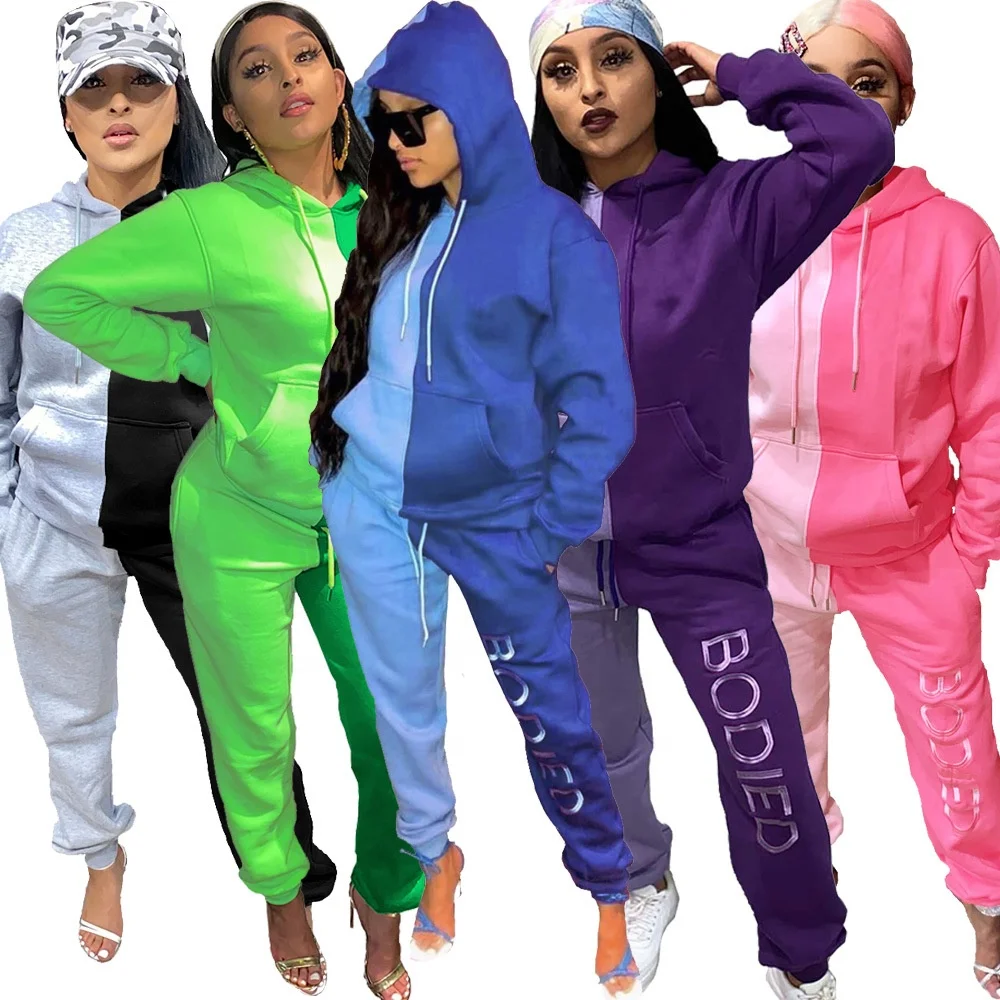 

Fashion Women Winter Fleece Hoodie Clothes Solid Colors Pullover Hoodie Two Tone Blouses Fall 2 Piece Joggers Sweatshirts Set