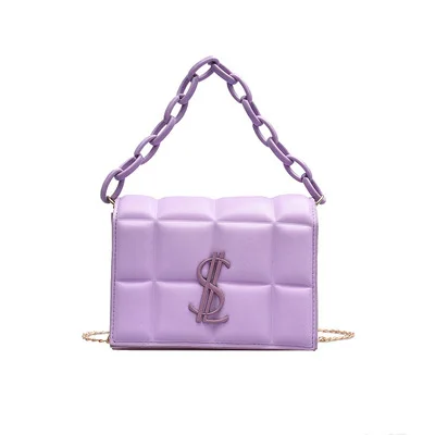 

Summer Candy Color PU Leather Plaid Pattern Metal Chain Thick Acrylic Handle Ladies Crossbody Shoulder Bag Purses and Handbags, White,purple,blue,black