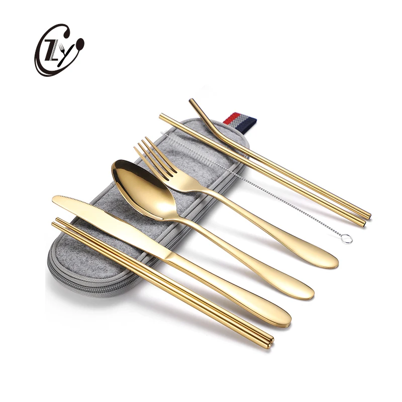 

Chopsticks Knife Fork Spoon Set Stainless Steel Portable Camping Cutlery With bag, Silver/gold/rose gold/rainbow/black