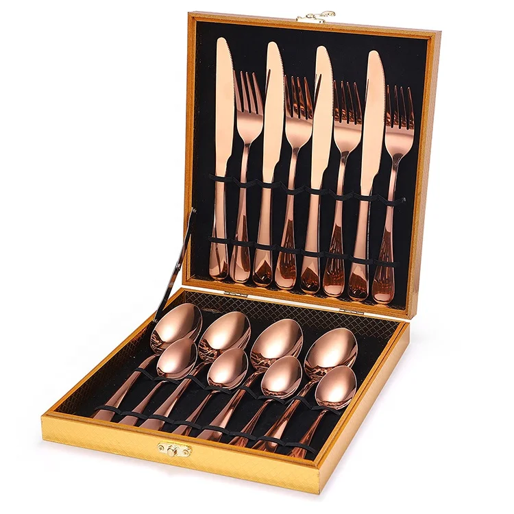 

Eco Wedding 16 Piece with Wooden Box Shiny Rose Gold Cutlery Set Stainless Steel, Sivler/rose gold/gold /black/multicolour