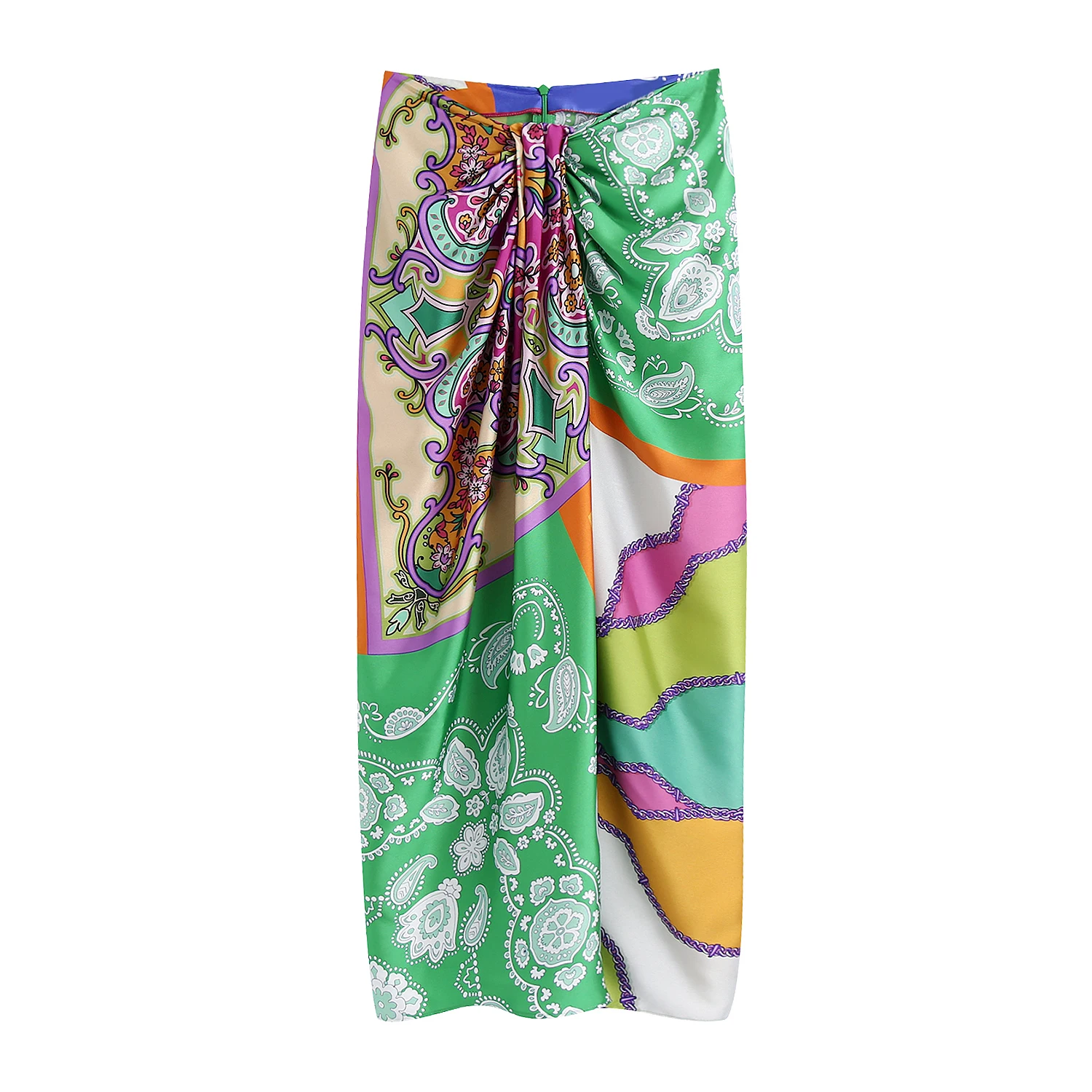 

Fashionable patchwork design green color floral print women long maxi skirt summer holiday clothing