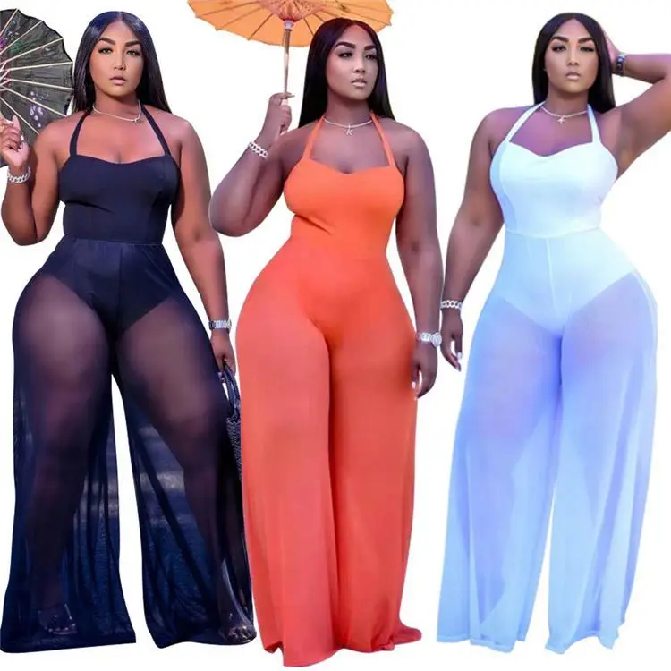 

MISSMOEN Newest Design Summer 2021 Solid Color Mesh Wide Leg Women Bodycon one piece Jumpsuit