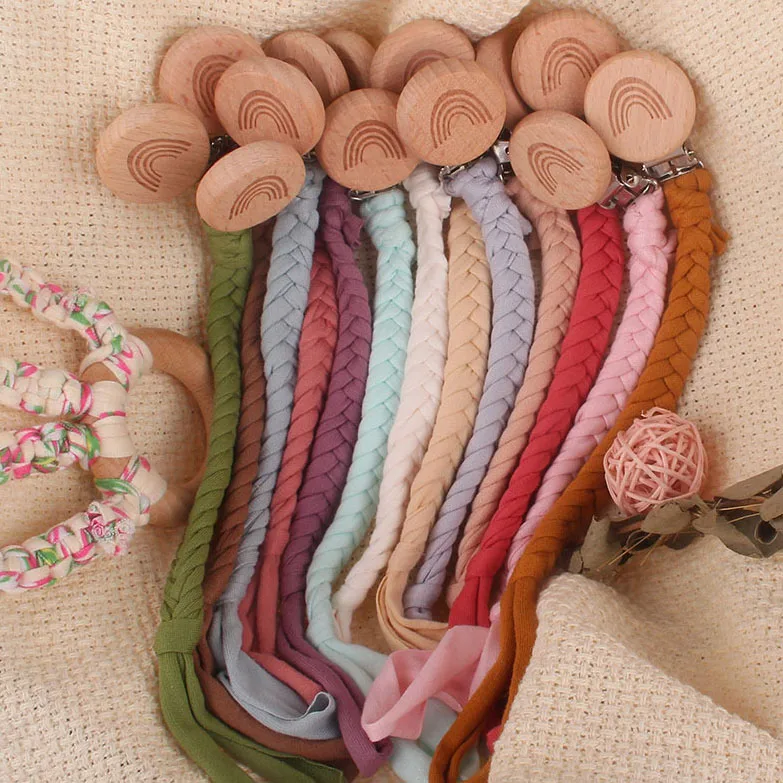 

Wholesale Universal Braided Pacifier Holder Knit Rainbow Beech Wood Clip Baby Teething Toy Dummy Wooden Pacifier Chain Clips