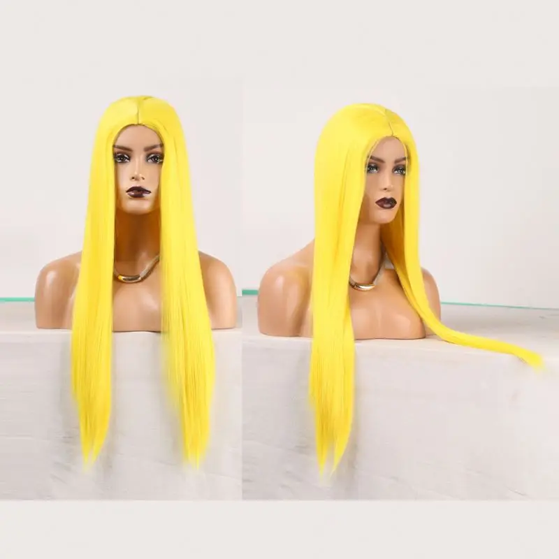 

2021 Hot Selling Fashion Medium length straight hair Women Wigs Chemical fiber yellow machine made wig