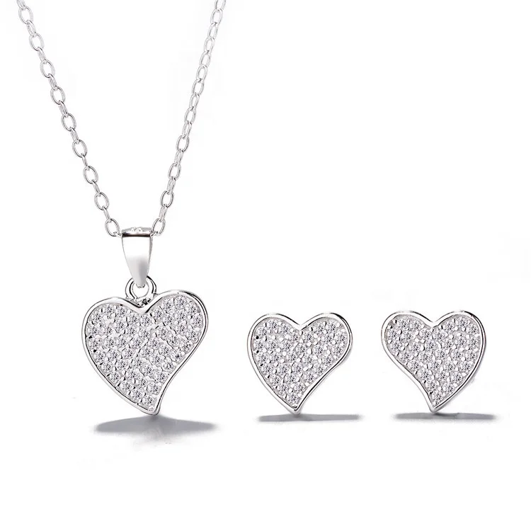 

Cute Full CZ Micro Pave Heart Earrings and Pendant Necklace Real Silver Jewelry Set for Women, As customer request