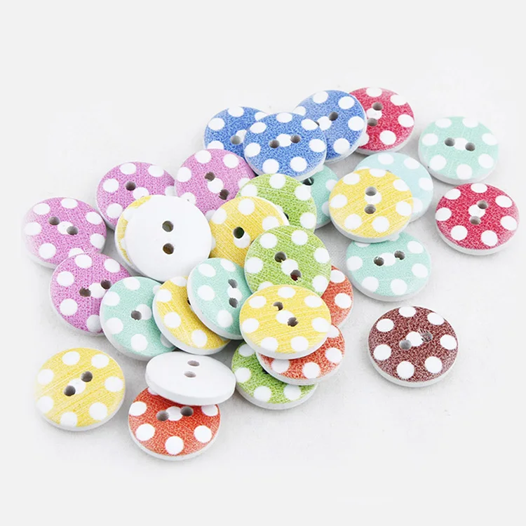 

cute 24L 15mm 2 hole colorful polka dot printed round natural wooden buttons for babies clothes