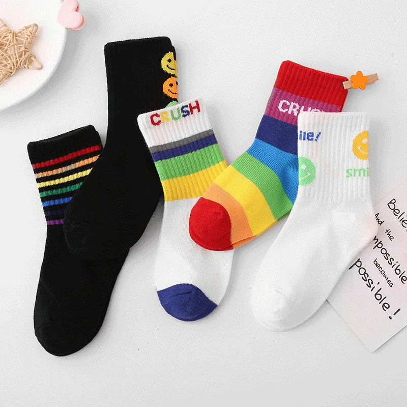 

Cute Rainbow Striped Smile Cartoon Jacquard High Quality Spandex Cotton Kids Baby Socks Striped