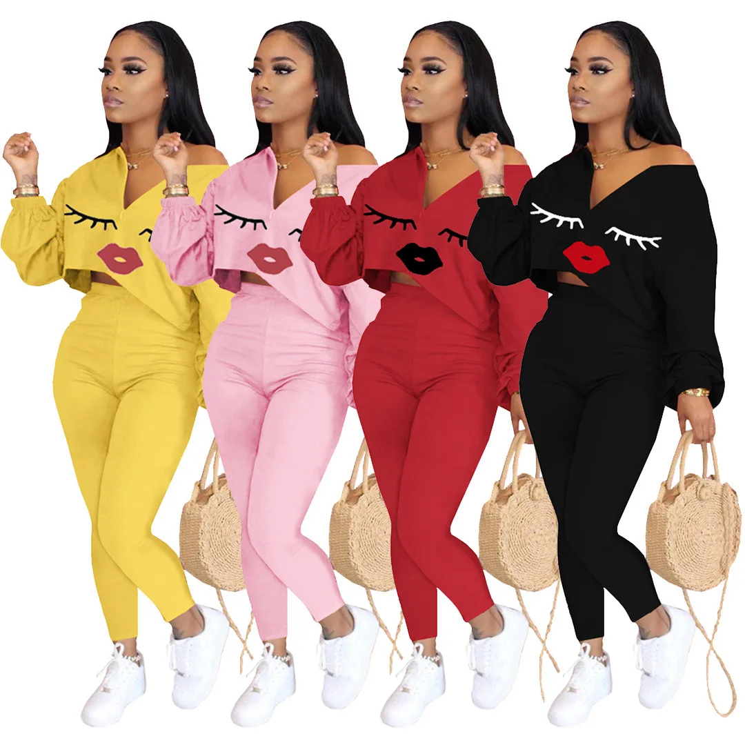 

Women Fall Two Piece Set Outfits Lips Print Autumn Long SleeveTops Solid Tracksuits Fall 2021 Women Clothes, As pictures show