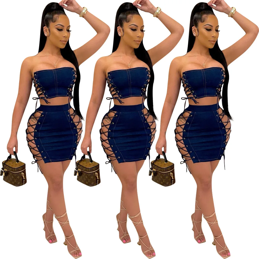 

women summer off shoulder denim skirt set fashion off shoulder bandage hollowed bodycon sexy jeans skirt set, Custom choose