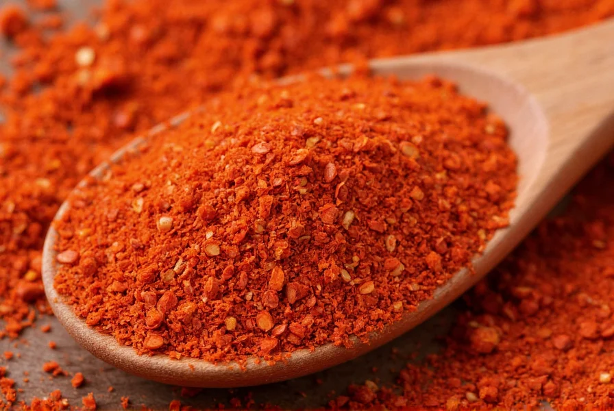 Close-up of crushed red pepper flakes on wooden spoon showing vibrant red color and texture