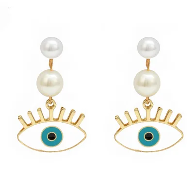 

New Oil Dripping Turkish Eyes Shape Freshwater Pearl Drop Earrings Round Circle Blue Evil Eyes Dangle Earrings For Women Gift