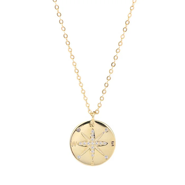 

14K Gold 925 Sterling Silver Women Jewelry Star Compass Coin Necklace