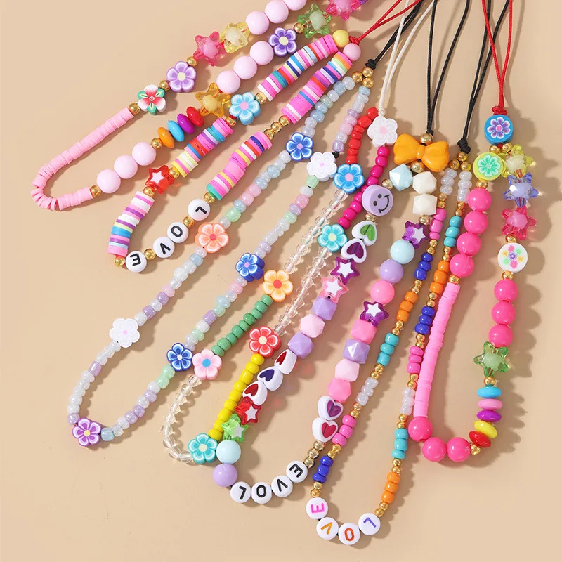 

MSYO New Boho Jewelry Beaded Rainbow Fruit Flowers Heart Letter Mobile Phone Chains Beads Women Phone Strap Phone Charms, 21