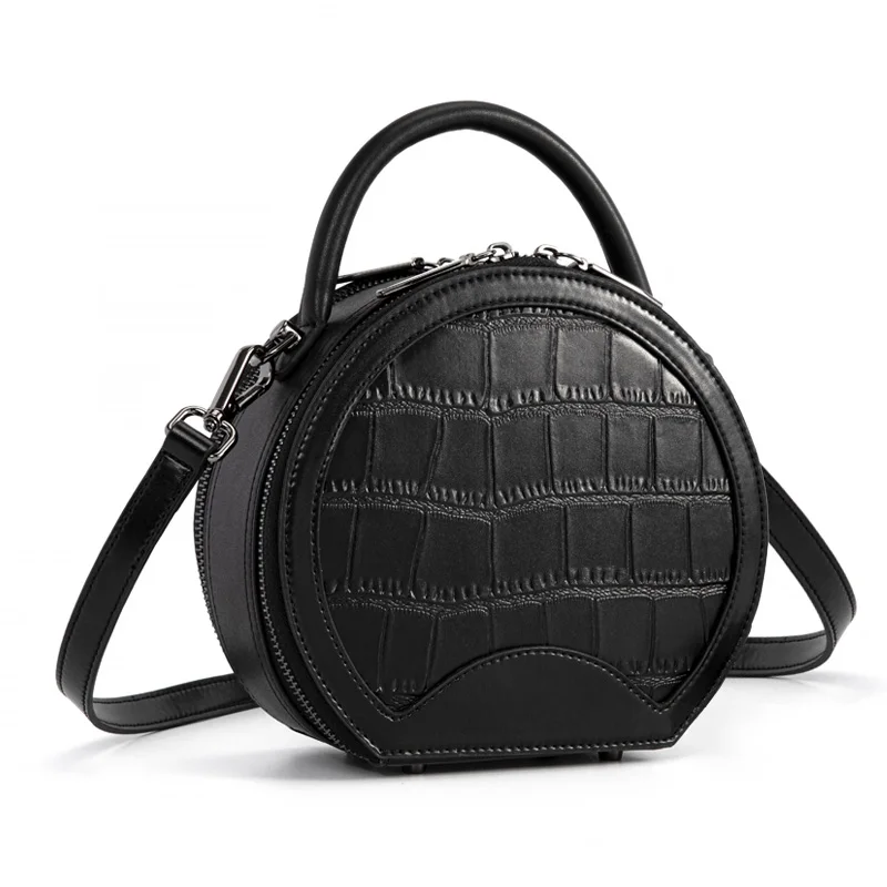 

High quality custom fashion luxury handbags for women black crocodile texture designer genuine leather women's round hand bag, Black,white