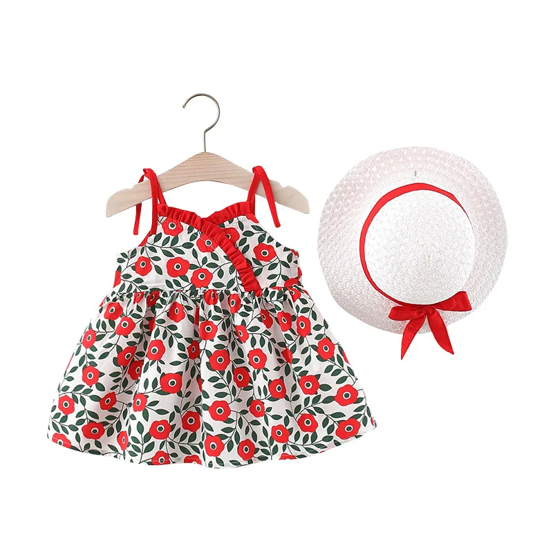 

Summer Beach Baby Girls Spaghetti Strap Floral Ruffles Princess Dress Cute Suspenders Sleeveless Flower Print Sundress Sunhat