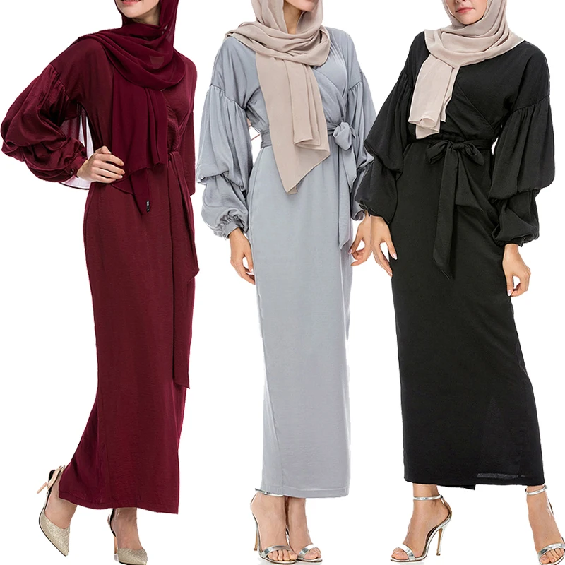 

New Muslim Islamic Clothing Maxi Uk Kaftan Plus Size Soft Crepe Chiffon Puff Sleeve Long Maxi Dress Abaya, 4 colors in stock