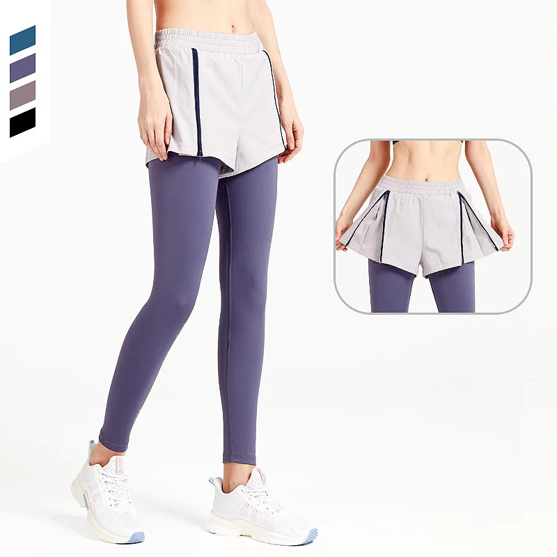 

2021 Naked sense false two pieces of gym pants women's high waist hip tight running yoga pants stretch euramerican track pants