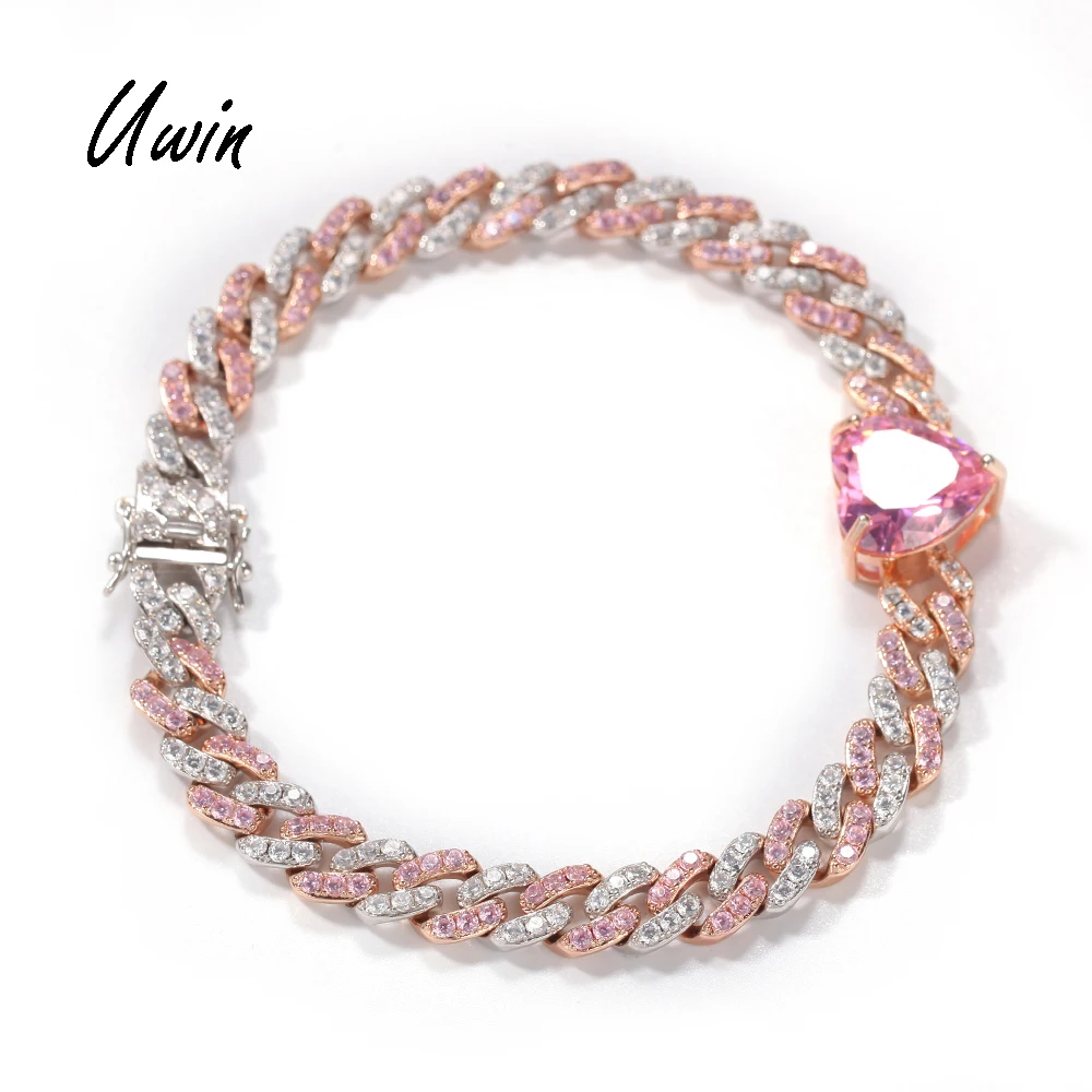 

NEW Pink Heart Charm 9mm Cuban Link Chain Bracelet Anklet CZ Bling Iced Out Women Anklets Rapper Jewelry