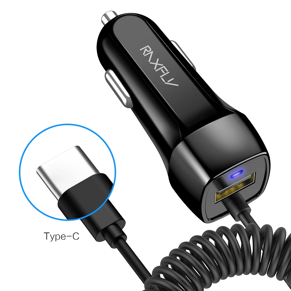 

Free Shipping 1 Sample OK RAXFLY Mobile Phone Fast Charging Retractable Usb Type-C Car Charger With Charging Cable