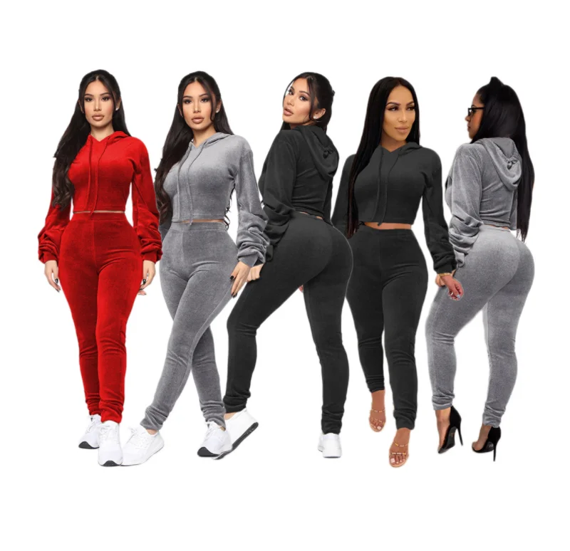 

S6811 - casual crop top hoodie and joggers velvet two piece set for women, 3 colors