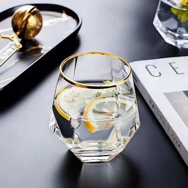 

Gold Rim Electroplating Party Cocktail Glasses Hexagonal Diamond Shaped Crystal Whiskey Glass Cup