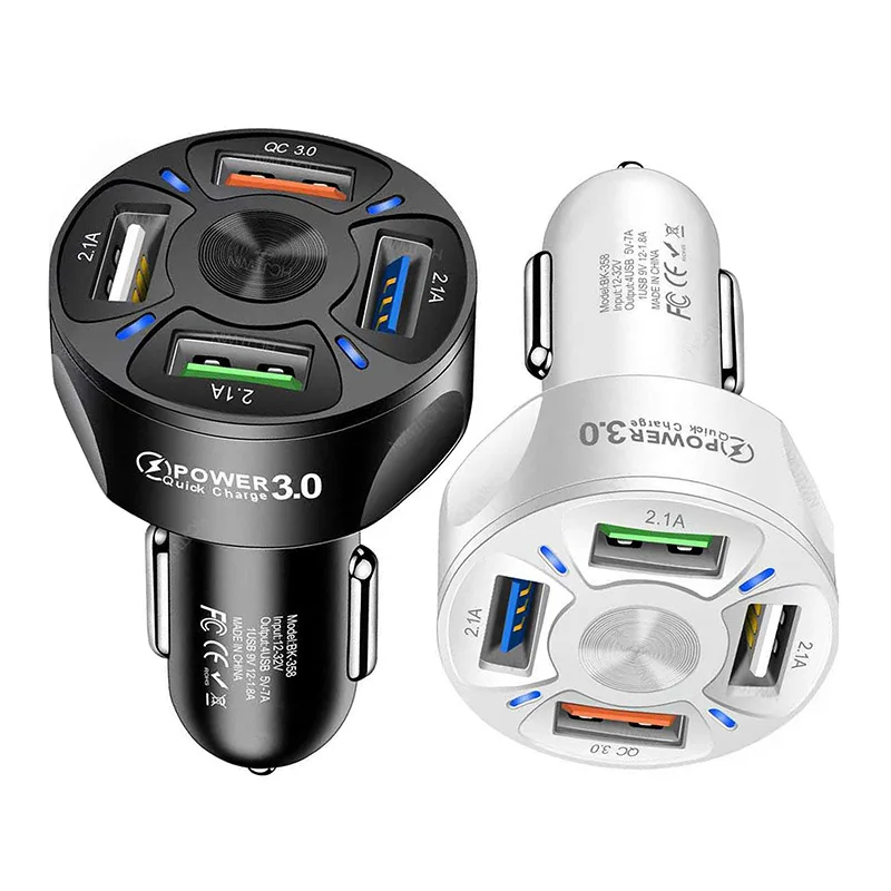

QC3.0 Fast Charging For iPhone 11 Xiaomi Huawei 48W Quick 6A 4 USB Car Charger Adapter in Car, Black,white