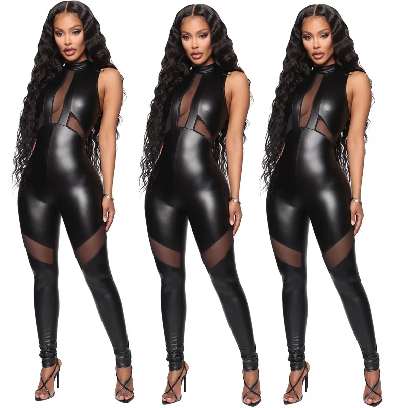 

WW-1015 PU Leather Pants Sleeveless Hollow Out Sexy Leather Jumpsuits Hollow Out Crop Top Pu Leather Stacked Pants Jumpsuit, Customized color