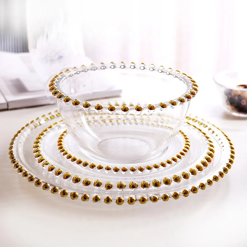 

Nordic Western Dinnerware Tableware Glass Bowl Plate Dishes Set Golden Beaded Transparent Fruit Vegetable Salad Dessert Bowl, Gold,silver,clear