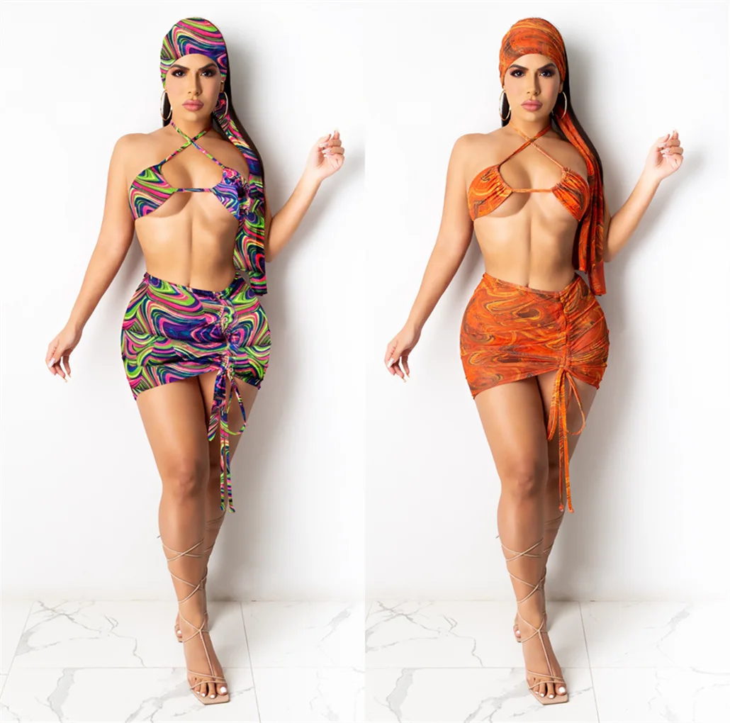 

2021 Summer Ladies 4 Piece Bikini Set With Headband Print Mesh Wrap Skirt Cover Up Swimsuit