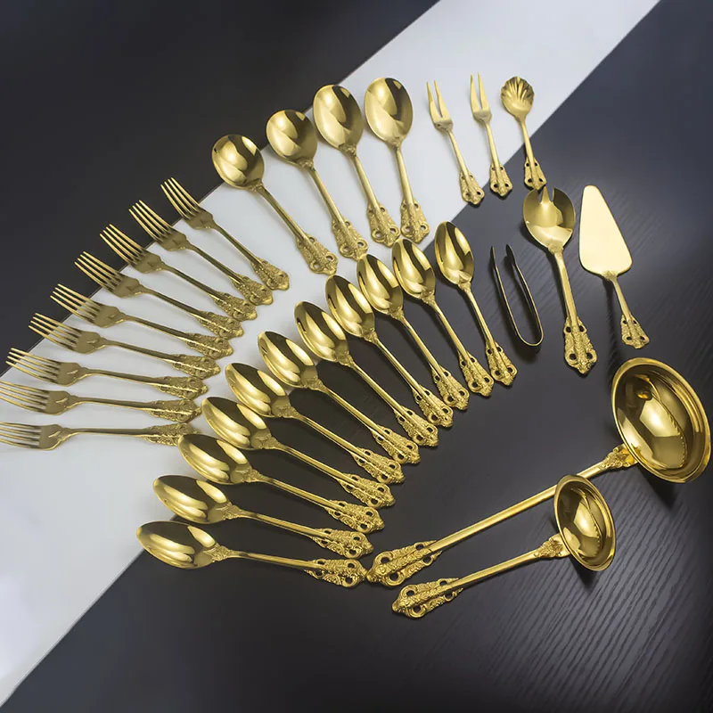 

Reusable Royal Luxury Dinner Serving Salad Tea Spoon Fork Knife Stainless Steel Vintage Golden Cutlery Set With Gift Box