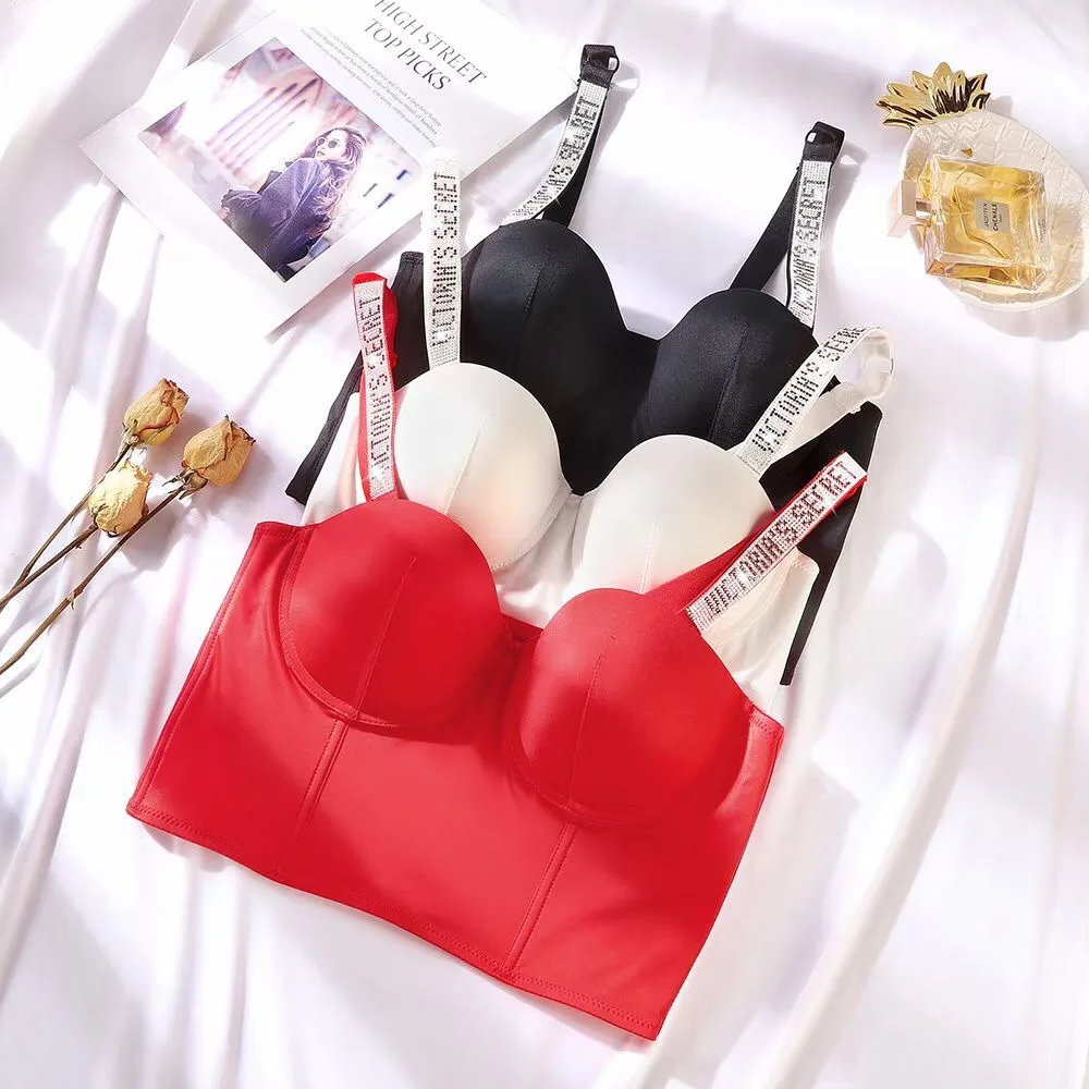 

Side Closure designer famous brand bling rhinestone strap crop top underwire support B C half cup sexy push up women's bra