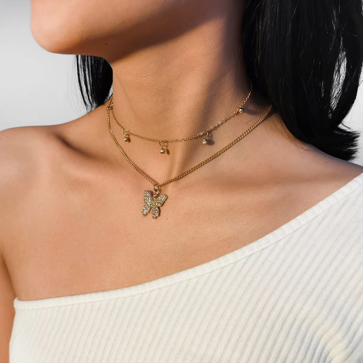 

Exquisite Fashion Gold Plated Multilayer Diamond Necklace Double Layer CZ Crystal Rhinestone Butterfly Pendant Necklace, Picture color