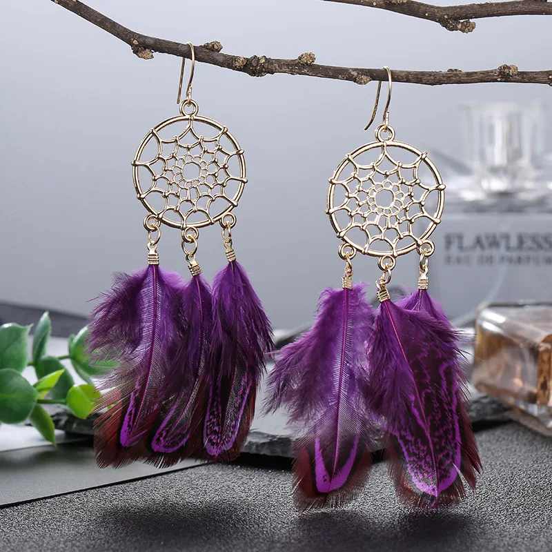 

Fashion Luxury Red Natural Feather Earrings Summer Jewelry Ethnic Alloy Hollow Dream Catcher Drop Dangle