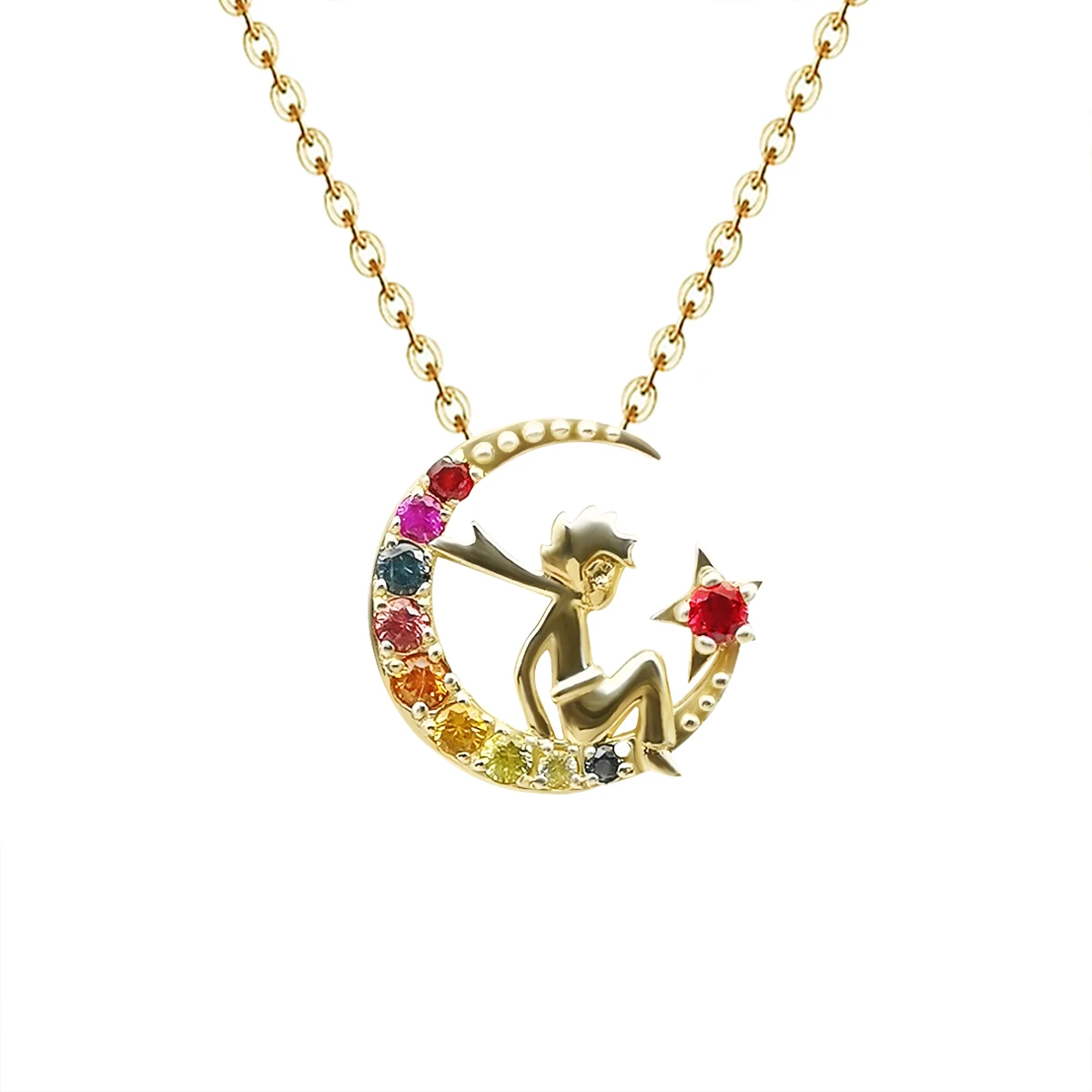 

14K Yellow Gold Necklace Little Prince Classic Cartoon Character Pendant with Natural Colorful Gemstone Stones