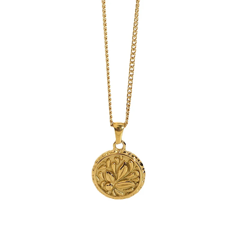 

Fashion Geometric Embossed Flower Round Coin Pendant Necklace Classic 18k Gold-plated Stainless Steel Chain Women Jewelry, Gold color