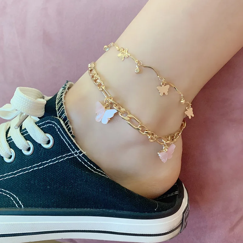 

Women Cuban Link Anklet Foot Bracelet Jewelry Golden Butterfly Anklet
