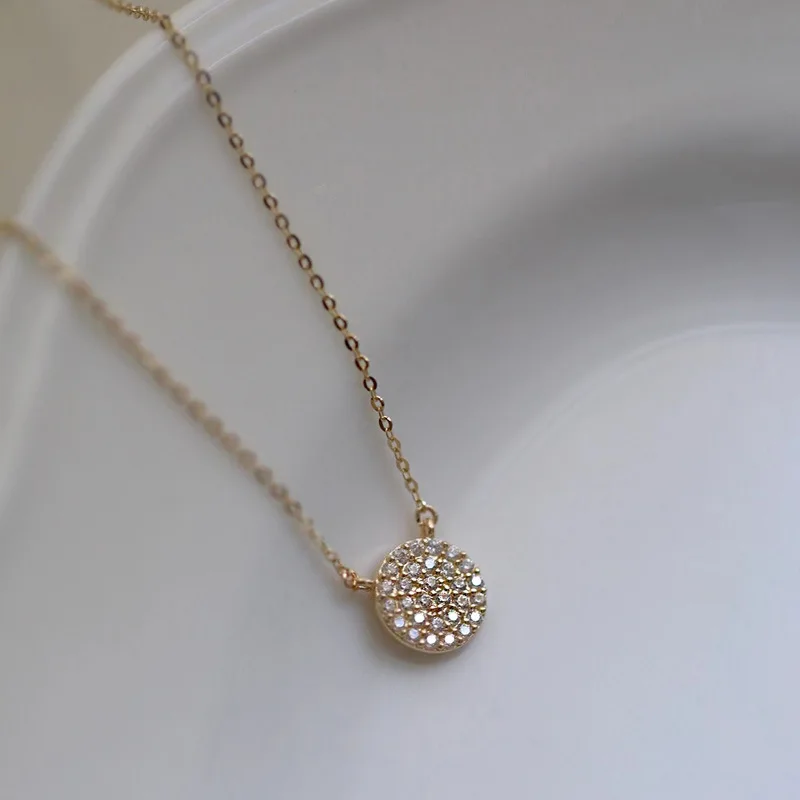 Wholesale Fashion Jewelry 925 Sterling Silver Round Circle Pendant Full Zircon Gold Plated Necklaces for Women