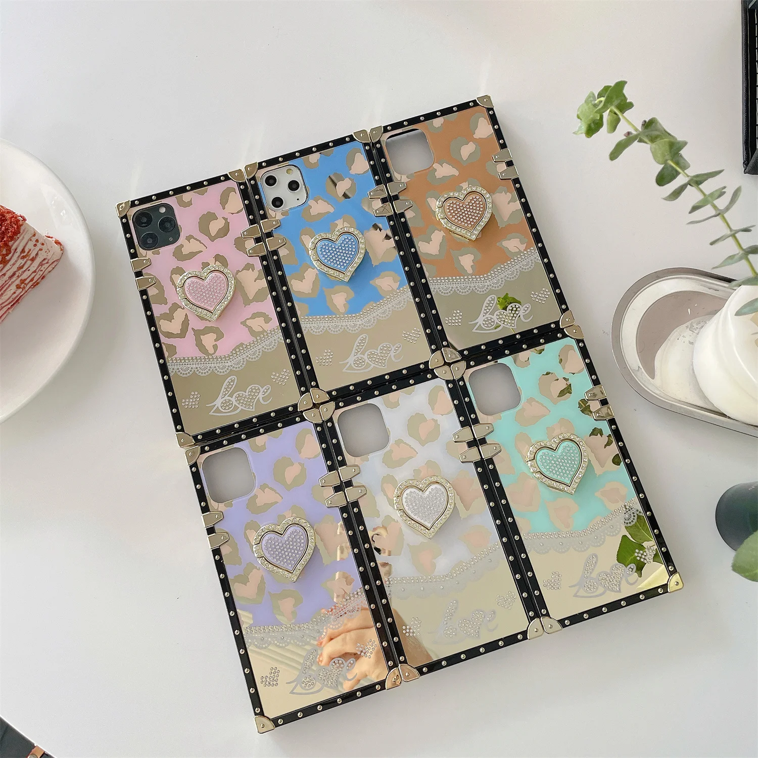 

women fashion luxury square phone case for iphone 12 13 pro max phone case with love heart ring holder diamond phone case