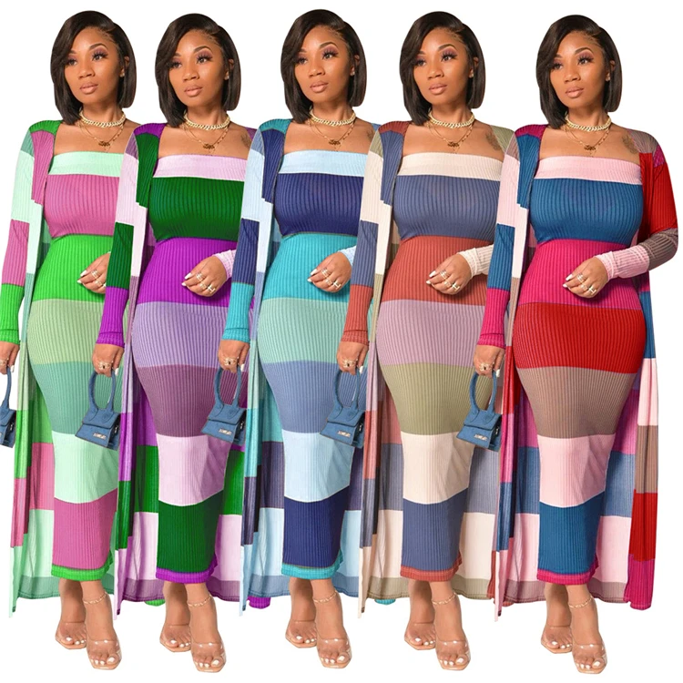 

New Arrival 2021 Multicolor Printing Knitting Long Sleeves Stylish Two Piece Skirt Set Office Sets Woman