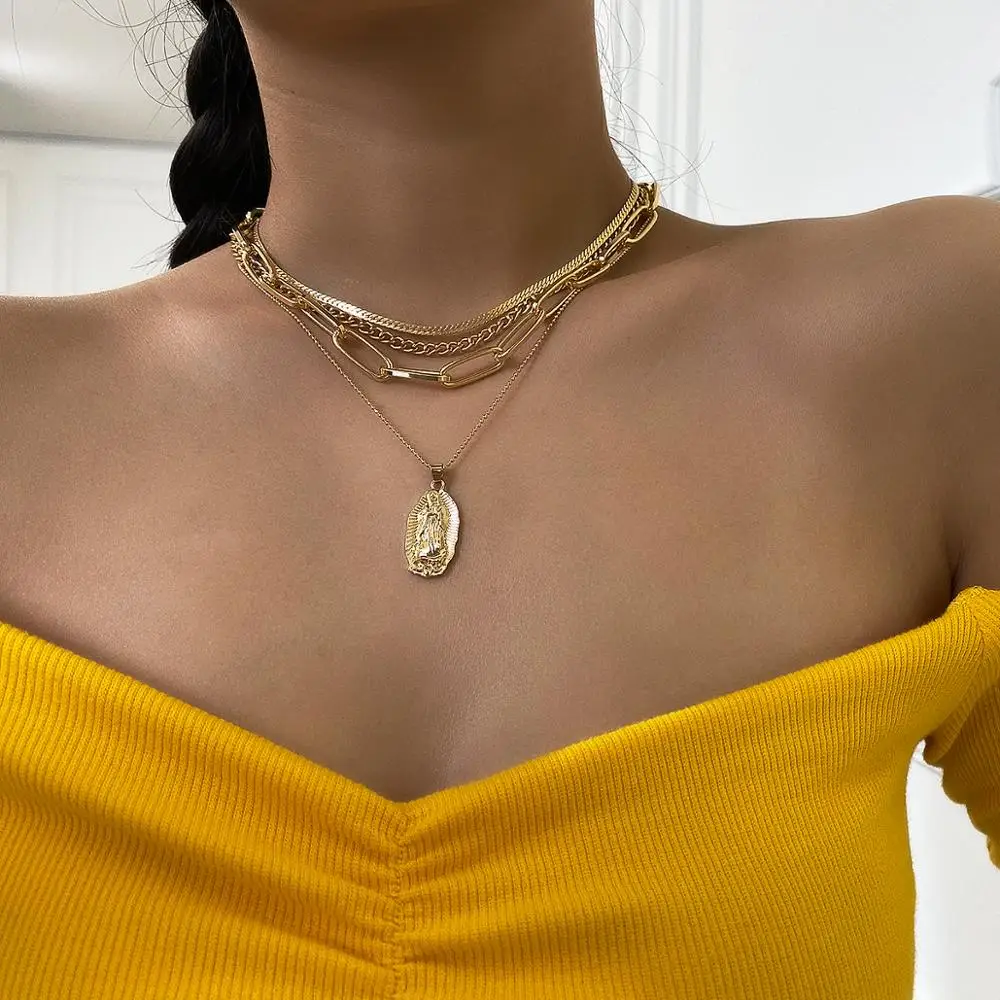 

SHIXIN Multi layer Gold Color Choker Alloy Chain Jesus Piece Pendant Necklace for Women Layered Necklaces Jewelry