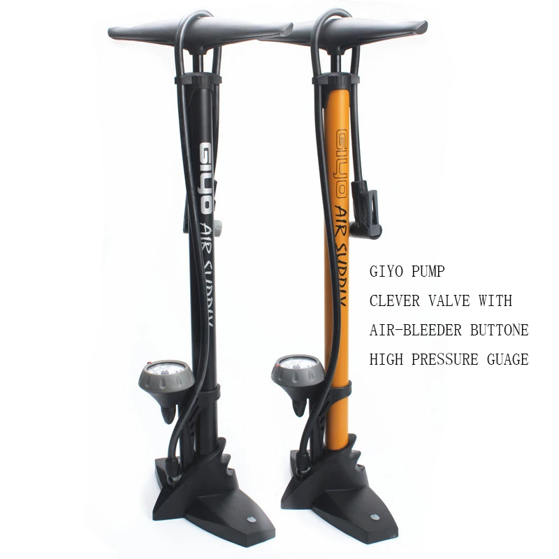 

GIYO BICYCLE FLOOR PUMP WITH PRESSURE GAUGE HIGH PRESSURE BICYCLE TYRE PUMP CLEVER VALVE WITH AIR-BLEEDER BUTTON OEM PUMP
