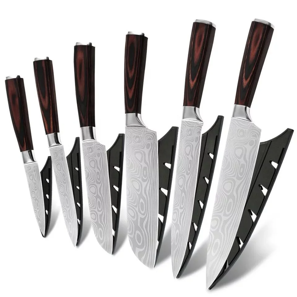 

Hot Sale 6 Piece Damascus Laser Pattern Veins Blade Pakka Wood Handle Stainless Steel Chef Kitchen Knife Set With knives Sheath