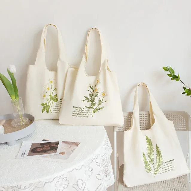 

korea style stock cotton canvas leaves tumblur mini women's shopping tote bag