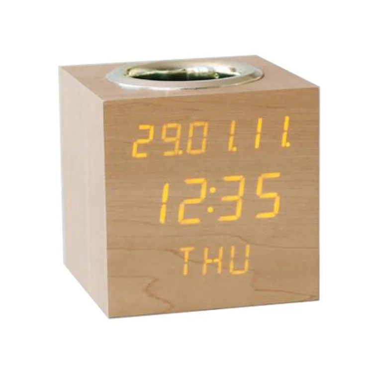 

3 row display Wooden digital desk clock with pen holder