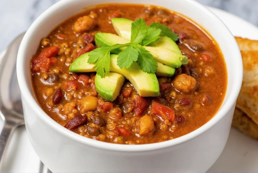 Finished ground chicken chili served in white bowl with avocado and cilantro garnish