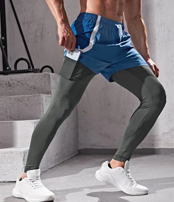 

solid color Mens bike cycling Knot Waist Combo Sports Leggings 2 in 1 two in one Two-Layer legging shorts with phone pockets
