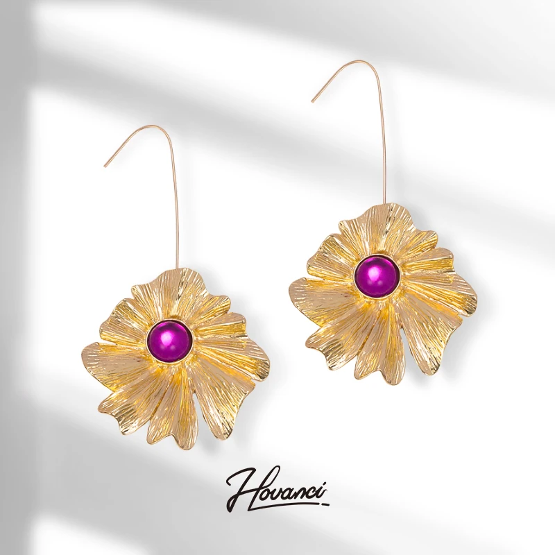 

HOVANCI enamel clip on earings 8 purple cz flower cluster extra large gold plumeria tarnish free earrings ear cuffs