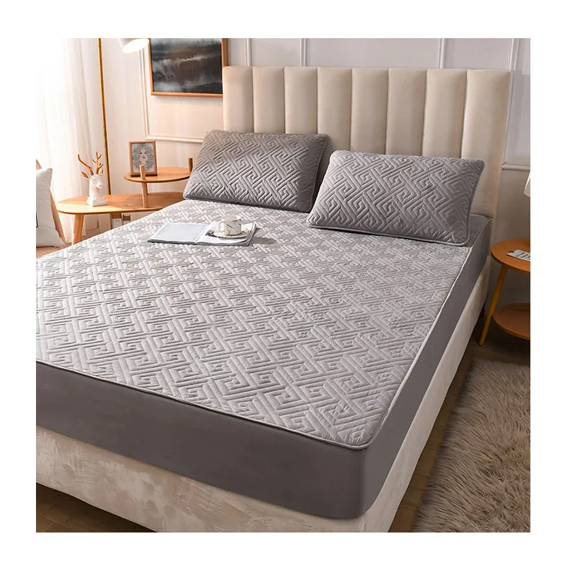 Queen Size Bed Fitted Sheet Wholesale Price Grey Solid Color Housses De Matelas Elastic Mattress Cover Striped Printed Bed Sheet