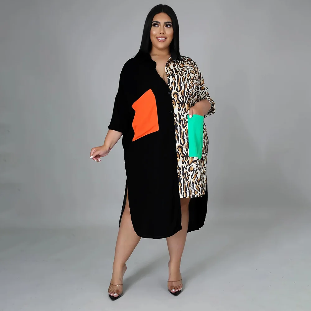 

Wholesale Fashion Fall New Color Splicing Simple Leopard Print Loose Dress Ladies Plus Size Midi Length Casual Shirt Dress, As showed